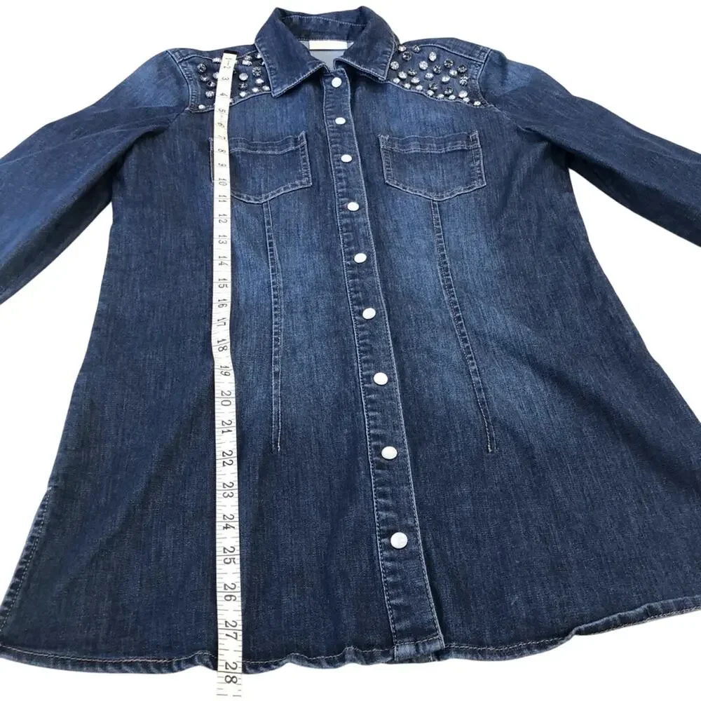 Chicos Size 0 Denim Snap Front Tunic Top Long Sleeve Western Style Bling Yoke